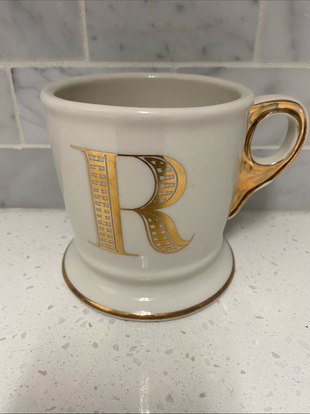 Anthropologie Monogram Letter R White Shaving Style Coffee Mug Cup Gold Initial
